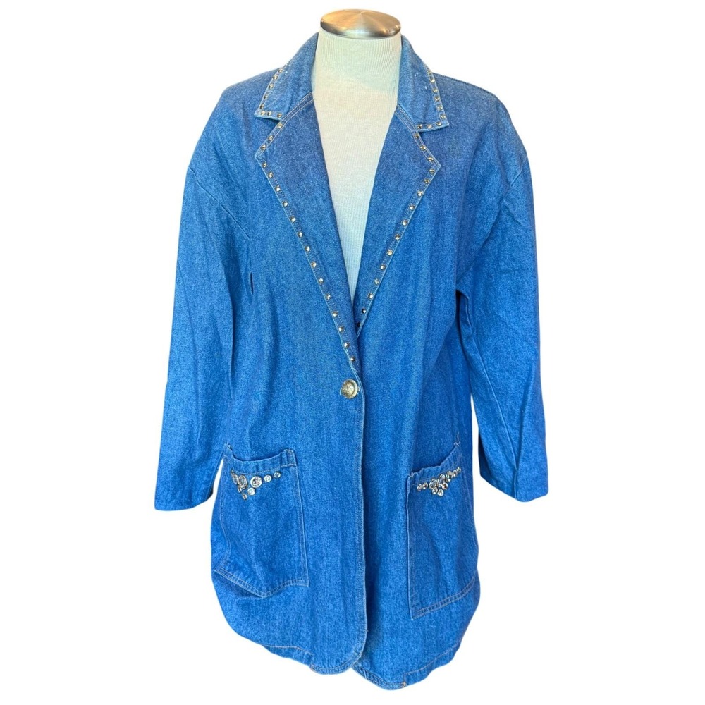 Bossy Casual Vintage 80s Studded Denim Blazer Sz Large‎ Made in USA Jean Jacket